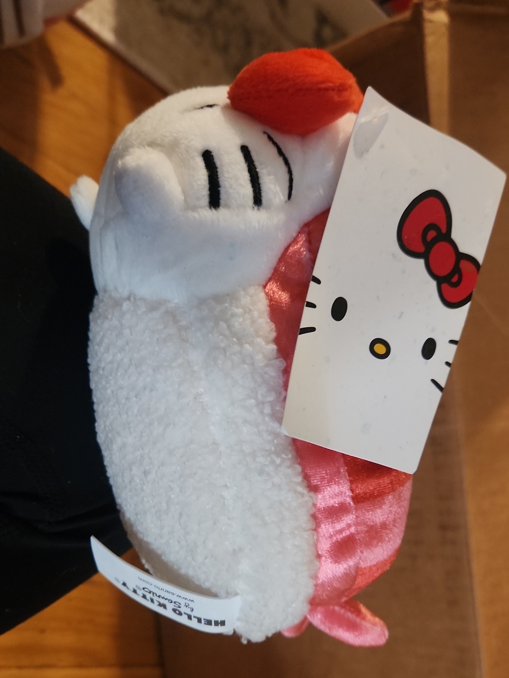 nwt Hello Kitty White Plush Sushi Cat with Red Bow, Shiny Pink Sushi Stripes